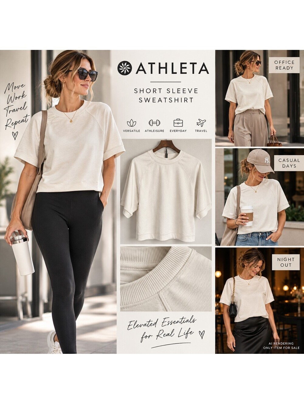 Athleta Ivory Sweatshirt XXS Short Sleeve Raglan Pullover Minimalist Athleisure